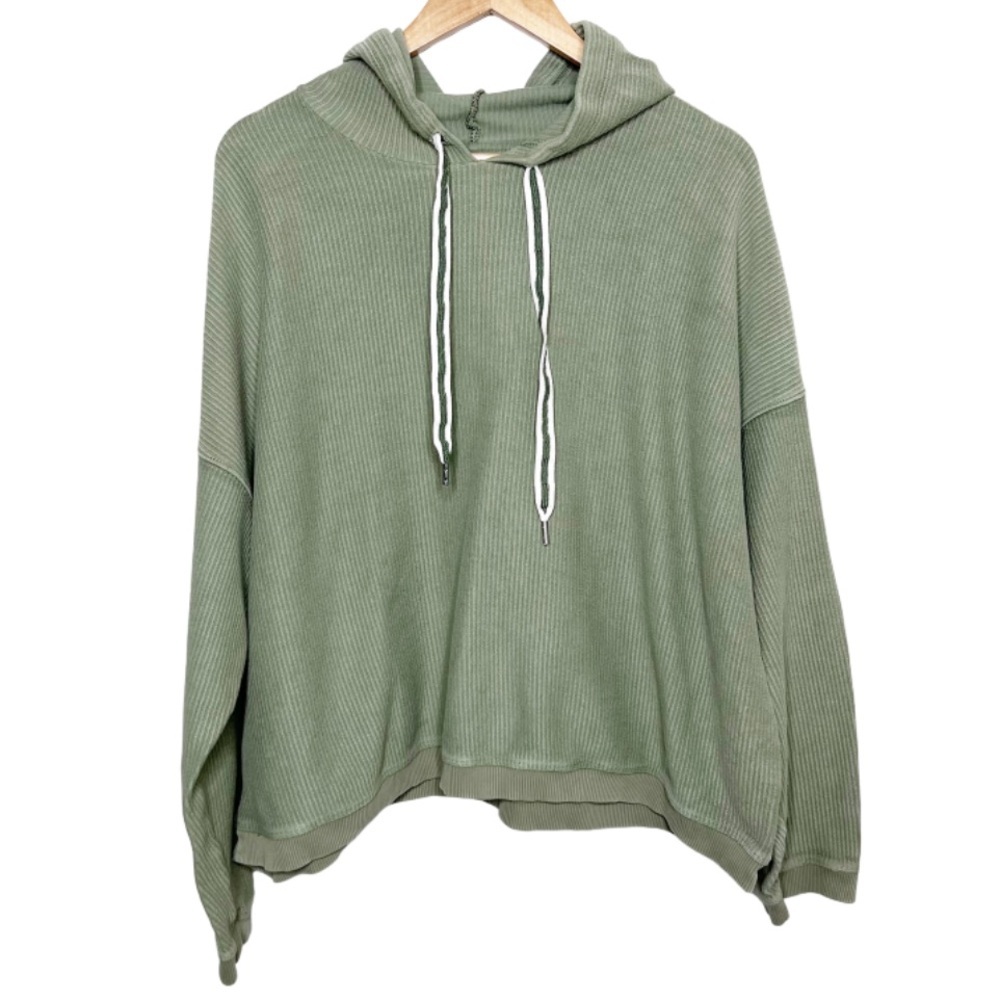 Aerie Sage Green Ribbed Relaxed Fit Cropped Hoodie